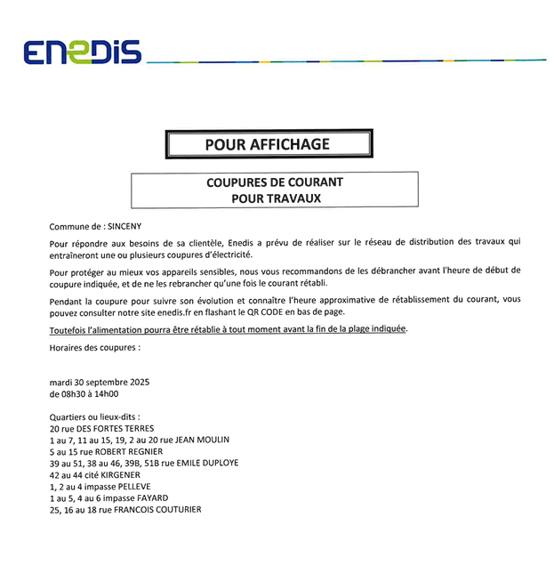 Coupures de courant pour travaux