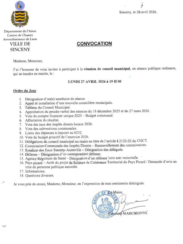Conseil Municipal le 27 avril 2026 à 19h